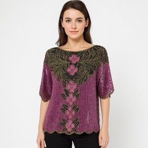 Scala Women's Blouse Vintage Sequin Beaded Floral Pink Black Gold Holiday PLarge